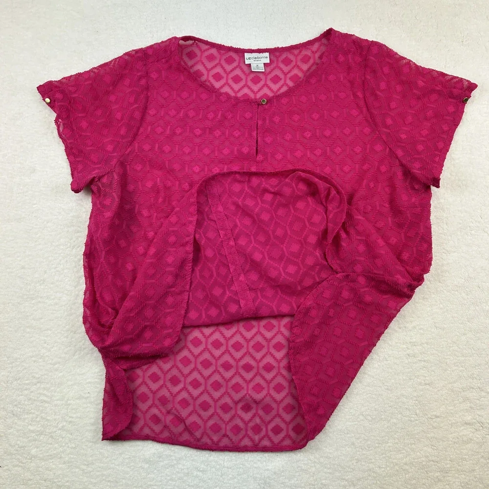 Liz Claiborne Shirt Womens 1X Pink Sheer Textured Short Sleeve Blouse
